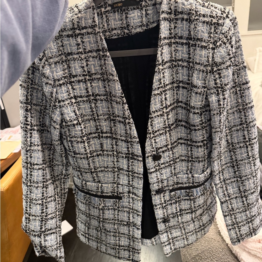 Maje Light Blue and Black Plaid Tweed Blazer perfect used condition